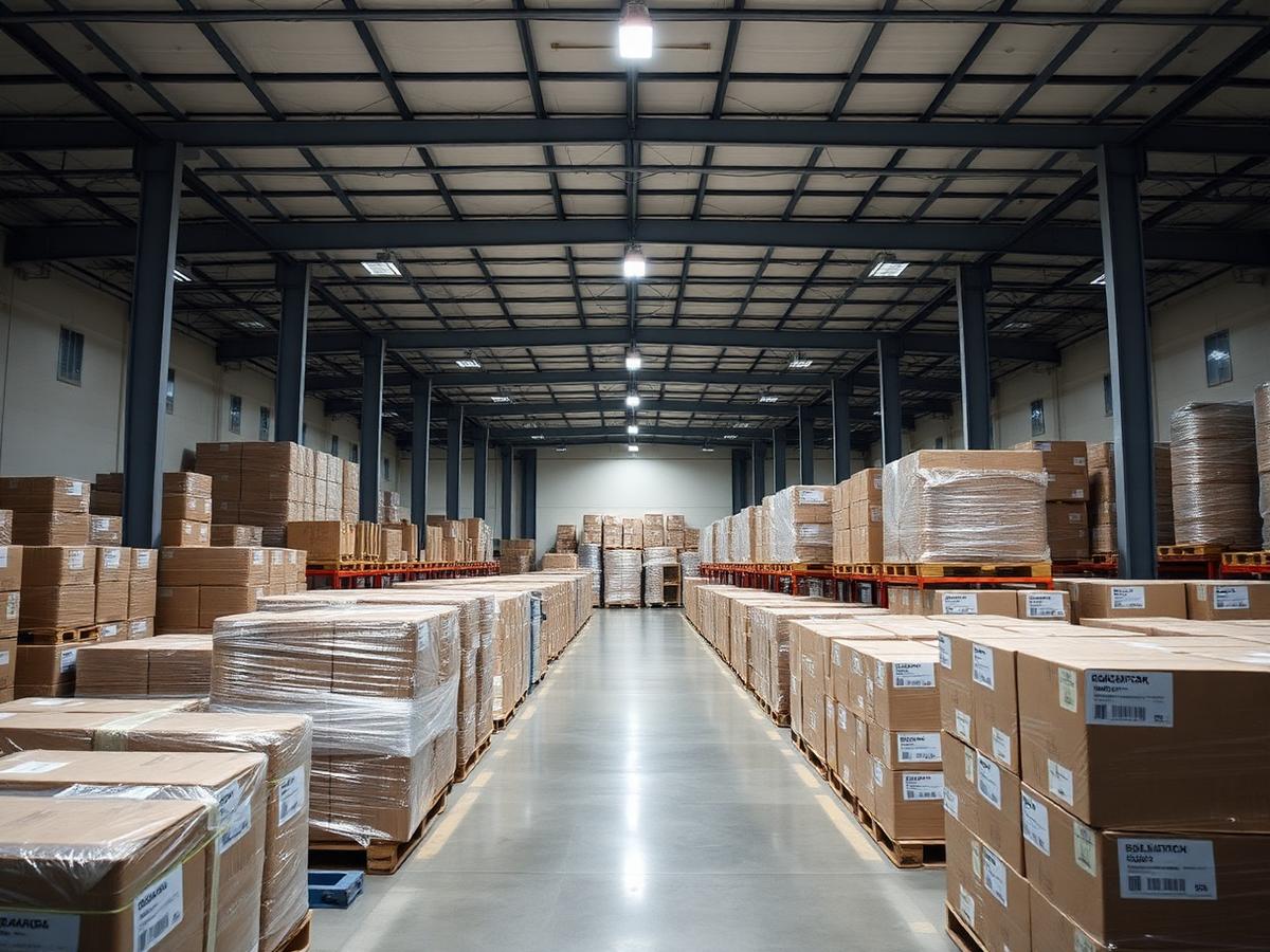Wrapped furniture staged inside a storage facility bay