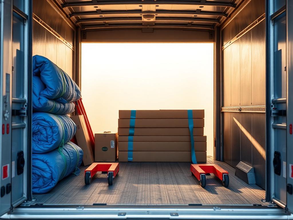 Moving blankets, straps, and dollies arranged inside a clean truck bay