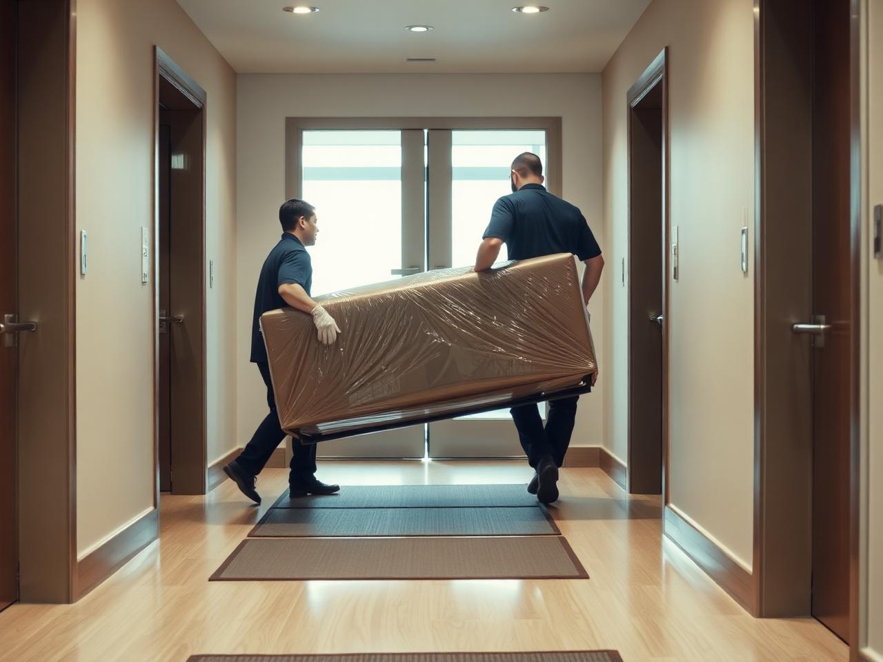 Movers carrying a wrapped mattress down an apartment stairwell