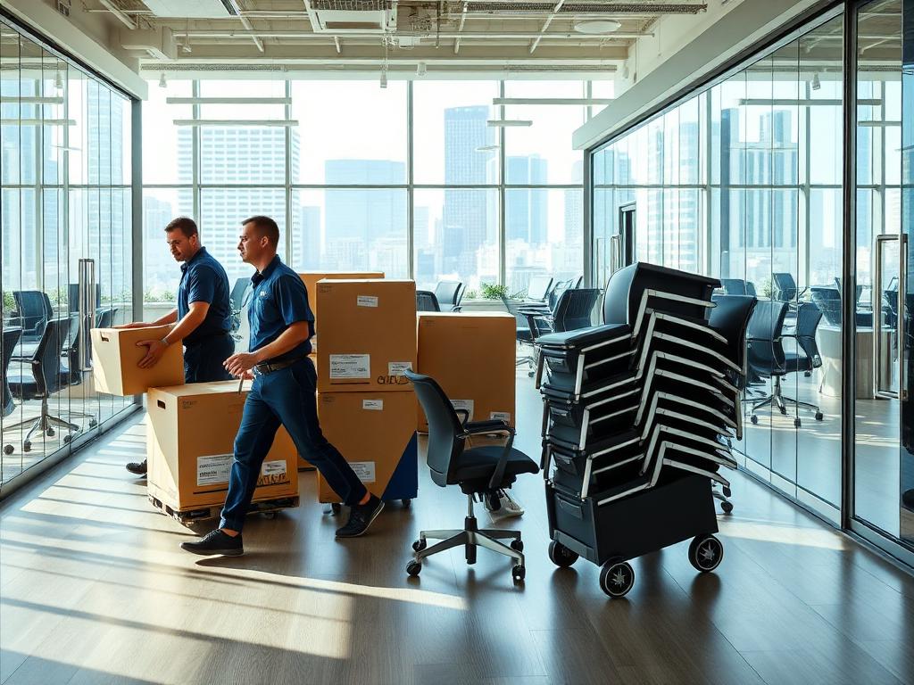 Office relocation crew moving crates through an open-plan workspace