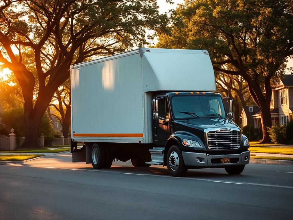 Moving truck leaving a leafy Nashville street at golden hour