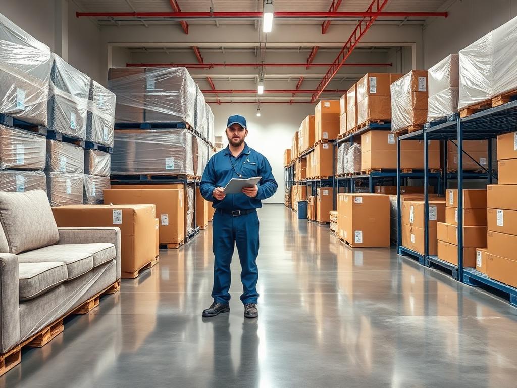 Organized storage facility with wrapped furniture and labeled cartons