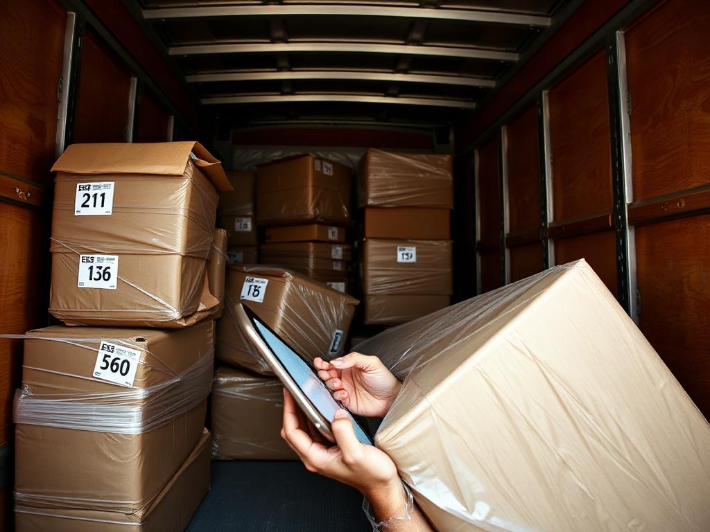 A mover tagging numbered inventory labels onto wrapped furniture