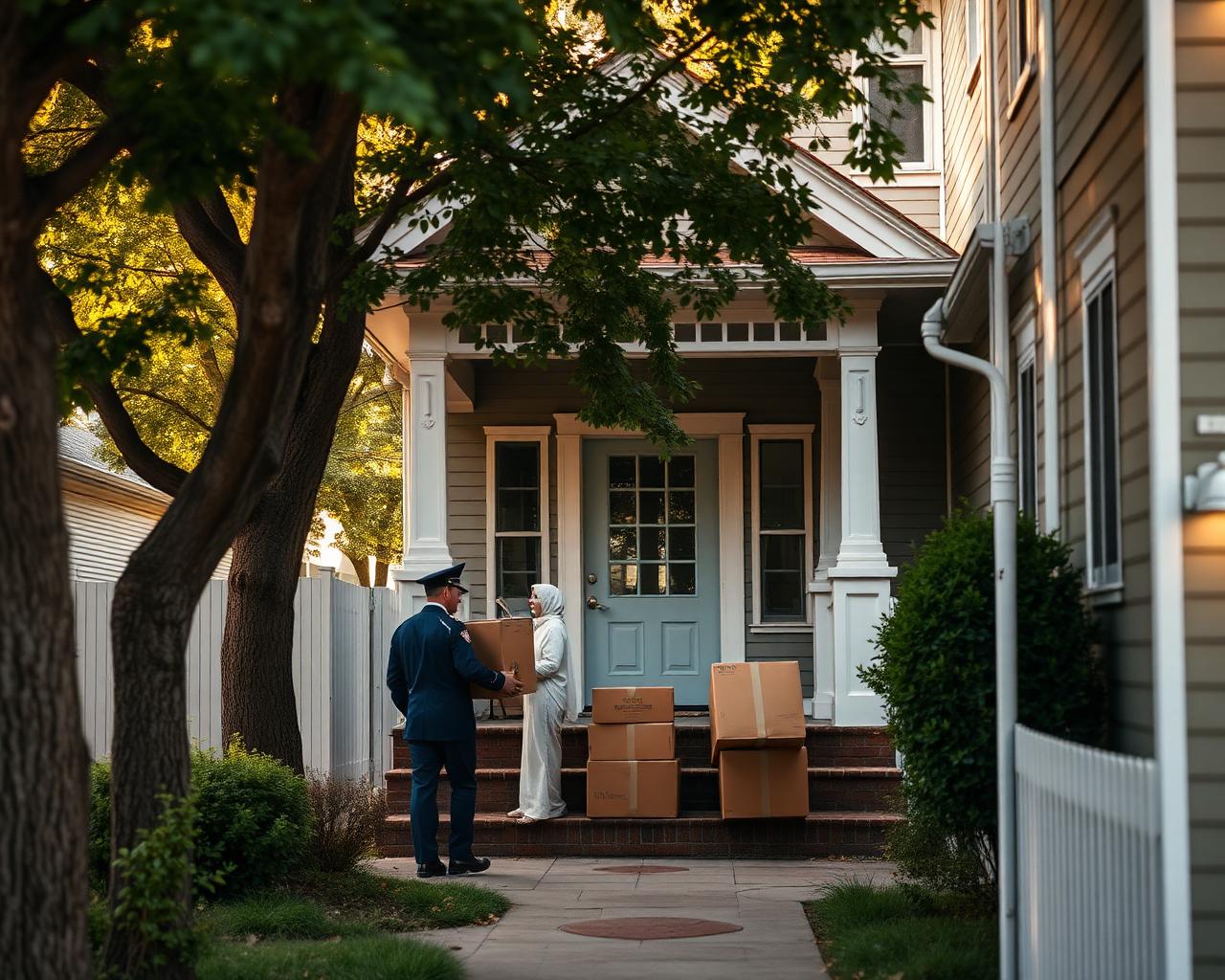 Historic Nashville home with movers carrying boxes along the front walk