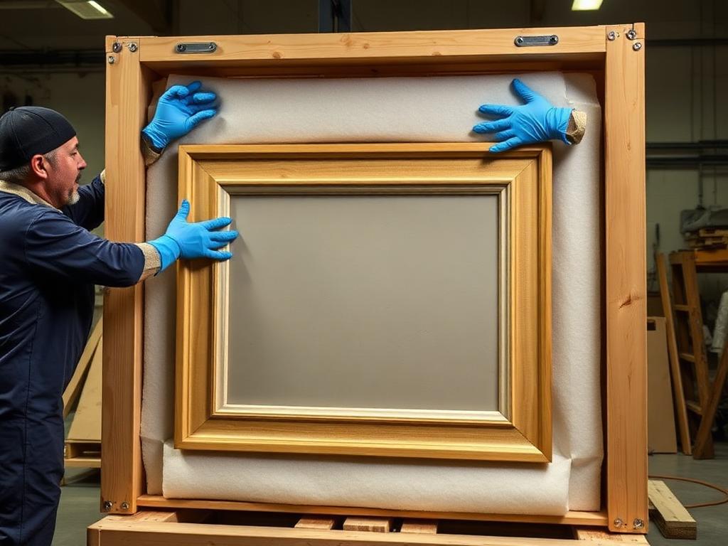 Specialists building a custom wooden crate around a framed painting