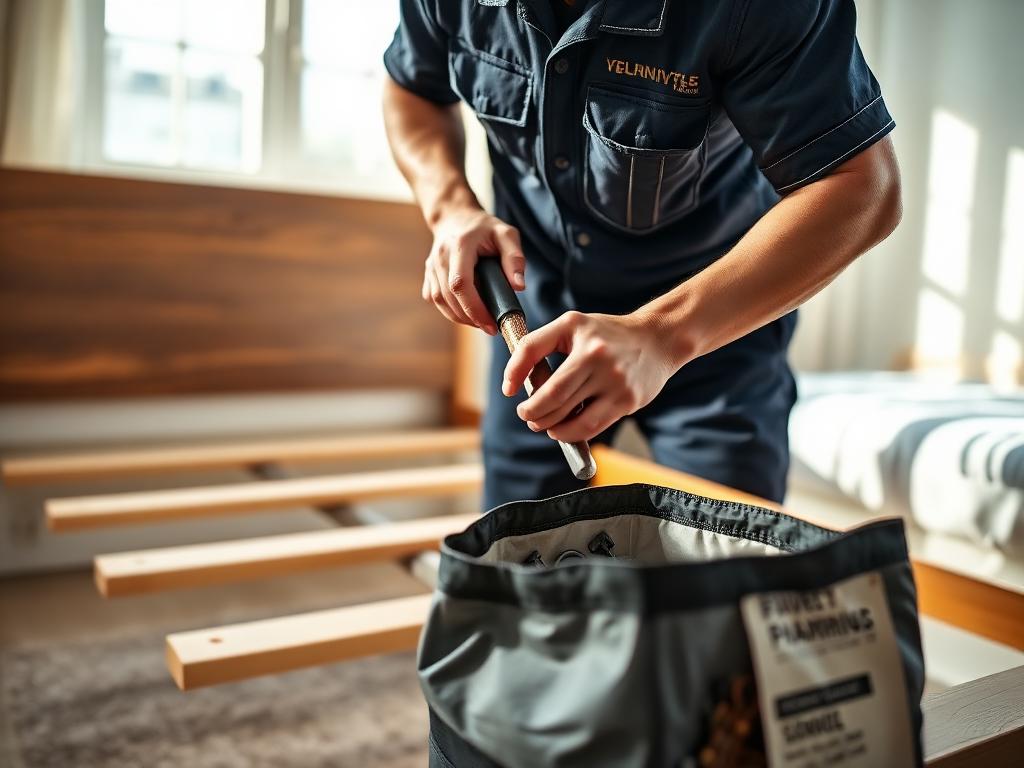 A mover disassembling a bed frame and bagging the hardware