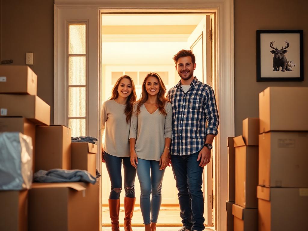 A family standing in the doorway of their new Nashville home surrounded by cartons