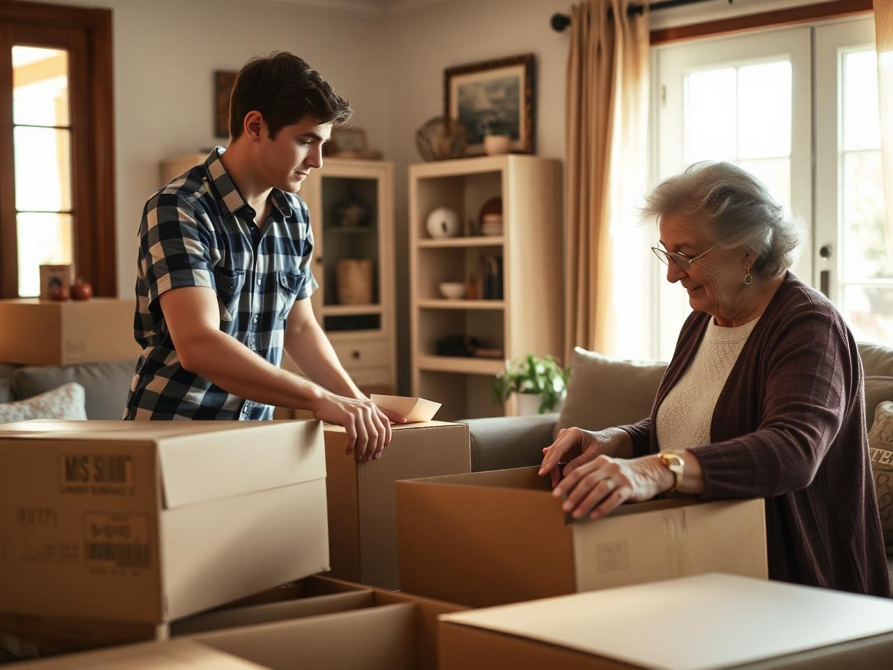 A senior homeowner reviewing labeled boxes with a mover