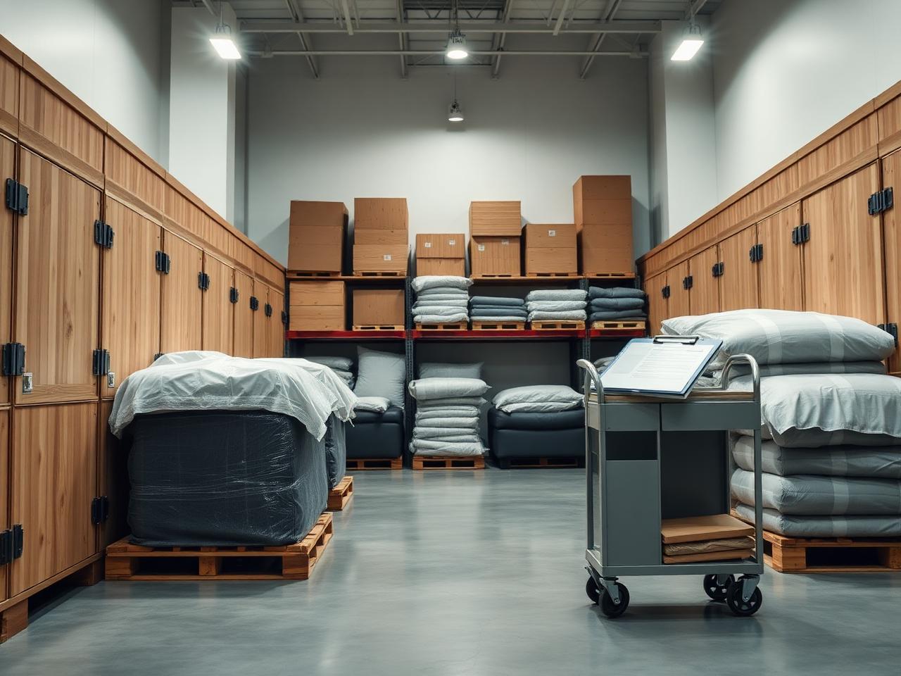 Climate-controlled storage vaults holding wrapped household furniture