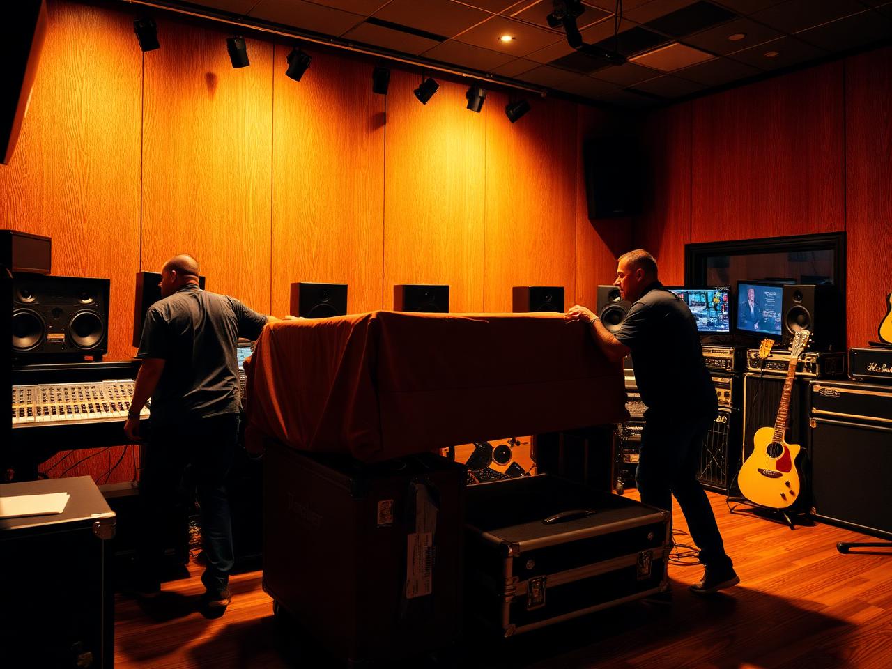 Movers carefully packing studio equipment and instrument cases