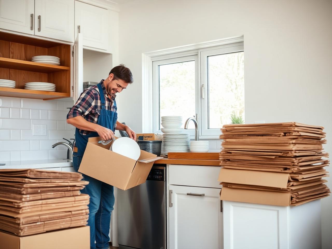 Movers unpacking labeled cartons onto kitchen counters